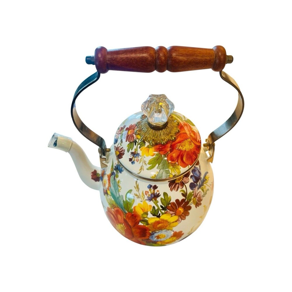 Mackenzie Childs Enamel White Flower Market 2 Quart Tea Pot Kettle - Picture 2 of 6